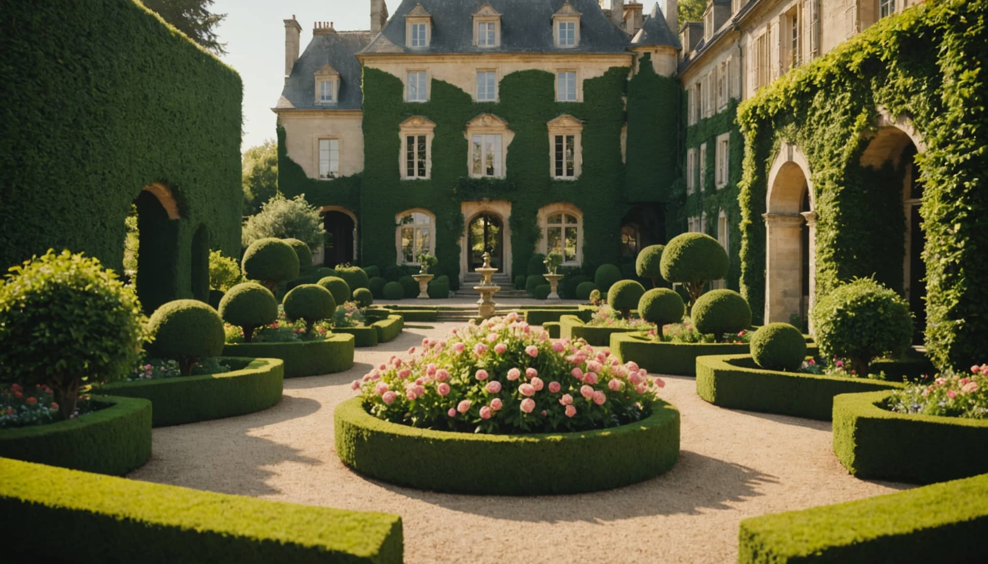 Buis et topiaires soigneusement taillés dans un jardin  
Jardin à la française avec buis et topiaires impeccables