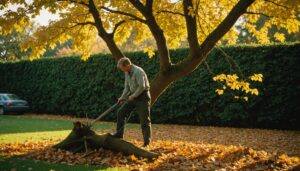 Arbre en cours d'élagage dans un jardin verdoyant