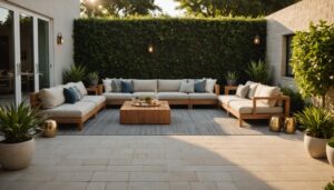 Terrasse moderne en bois et pierre naturelle élégante