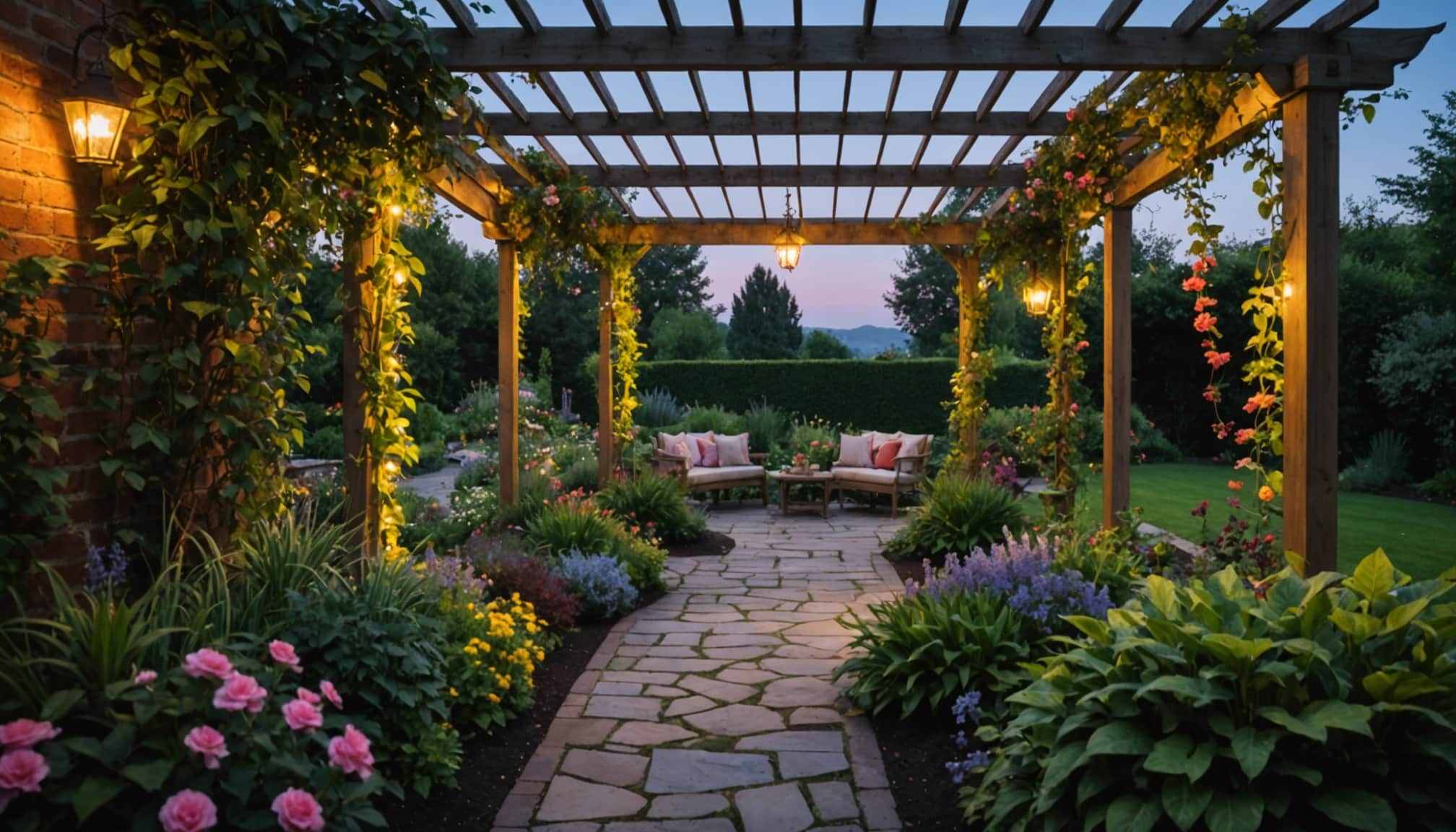 jardin bien aménagé avec fleurs et espaces verts  
coin de verdure avec plantes et mobilier de jardin