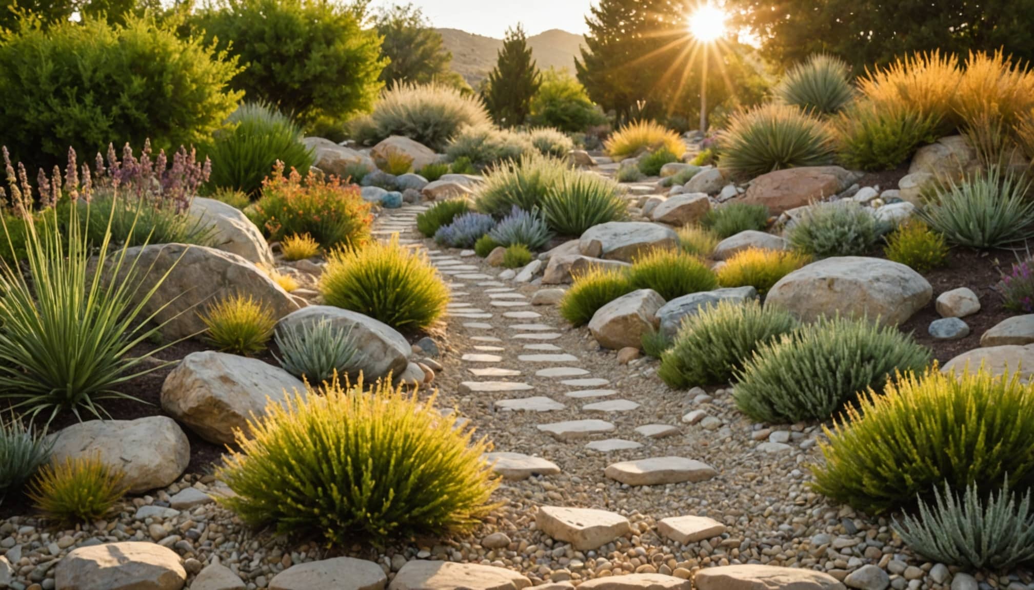 Jardin de plantes xérophiles économes en eau  
Espace vert durable avec des espèces résistantes à la sécheresse