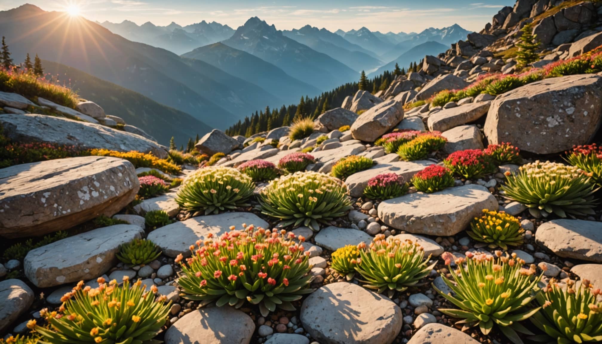 Plantes alpines harmonieusement disposées en rocaille