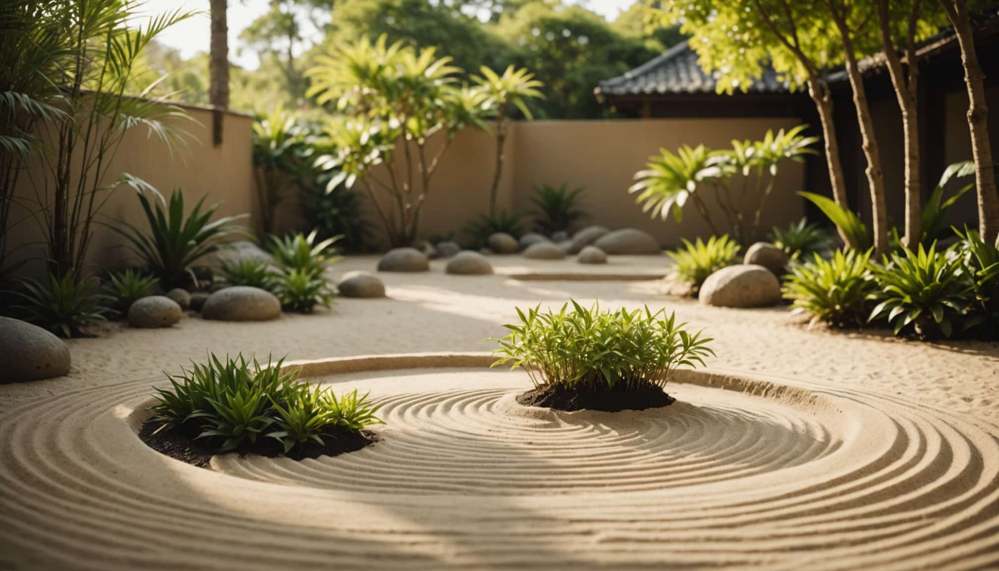 Jardin de sable et pierres créant une atmosphère zen  
Espace paisible avec sable et rochers apaisants