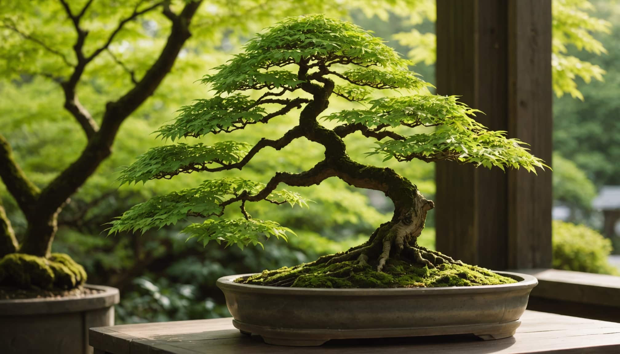 Jardin japonais avec érables et bonsaïs luxuriants  
Érables et bonsaïs dans un jardin japonais harmonieux