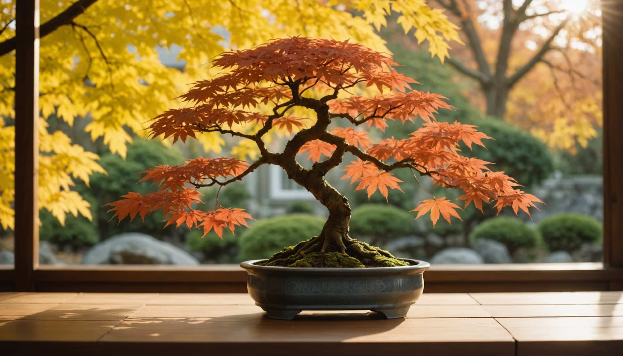 Jardin japonais avec érables et bonsaïs luxuriants