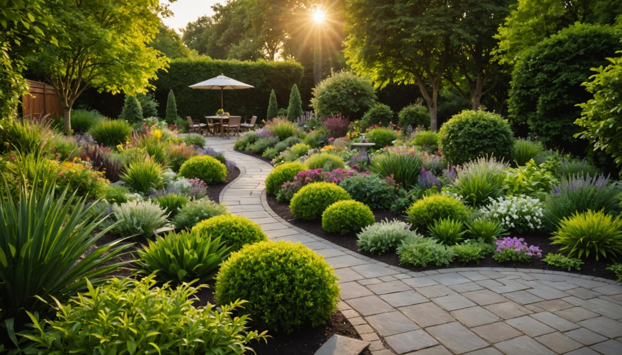 jardin paysager luxuriant avec diverses plantes  
espace vert harmonieux avec fleurs et arbustes