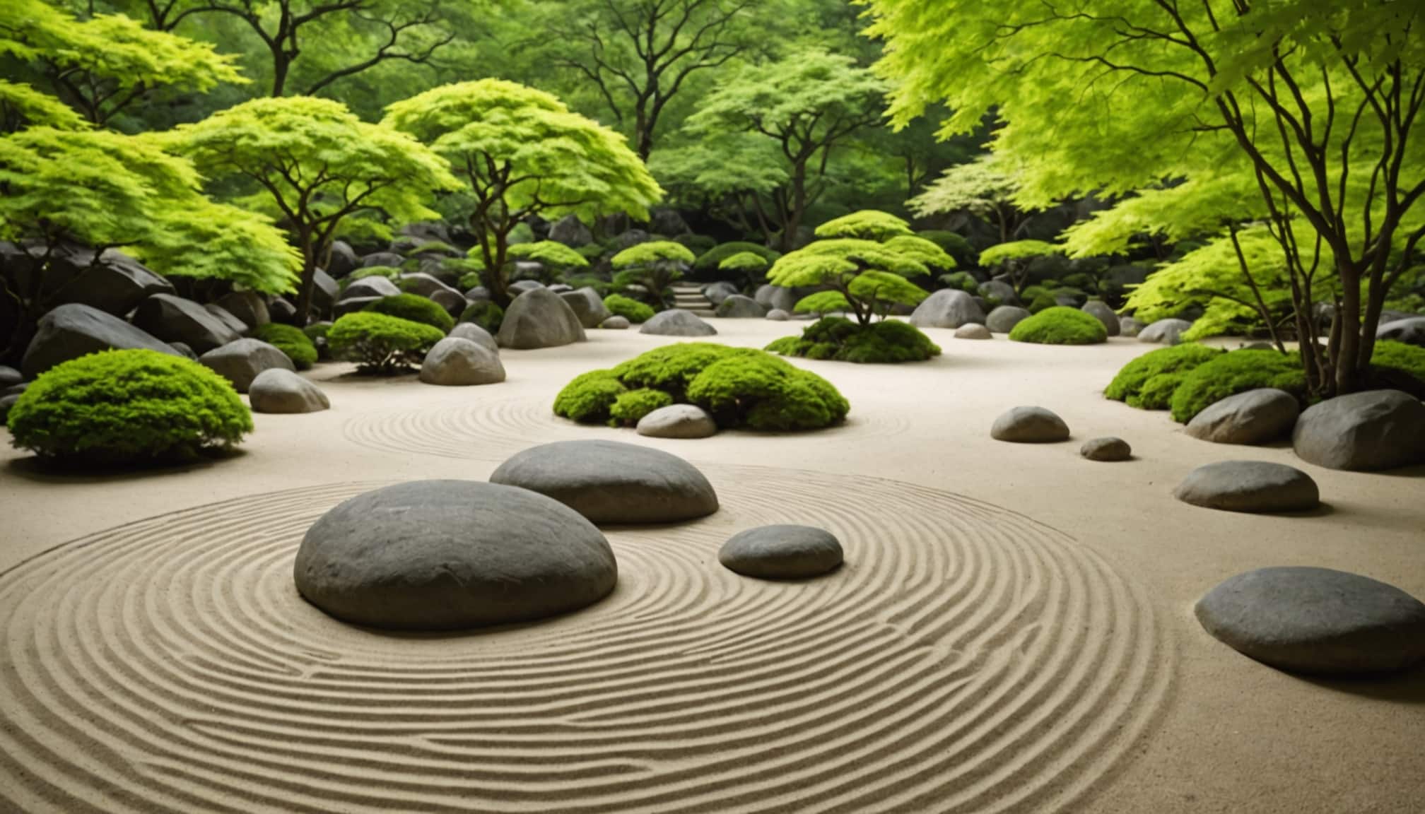 Jardin de sable et pierres créant une atmosphère zen