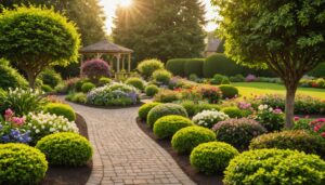 Jardin bien entretenu avec fleurs et verdure éclatante