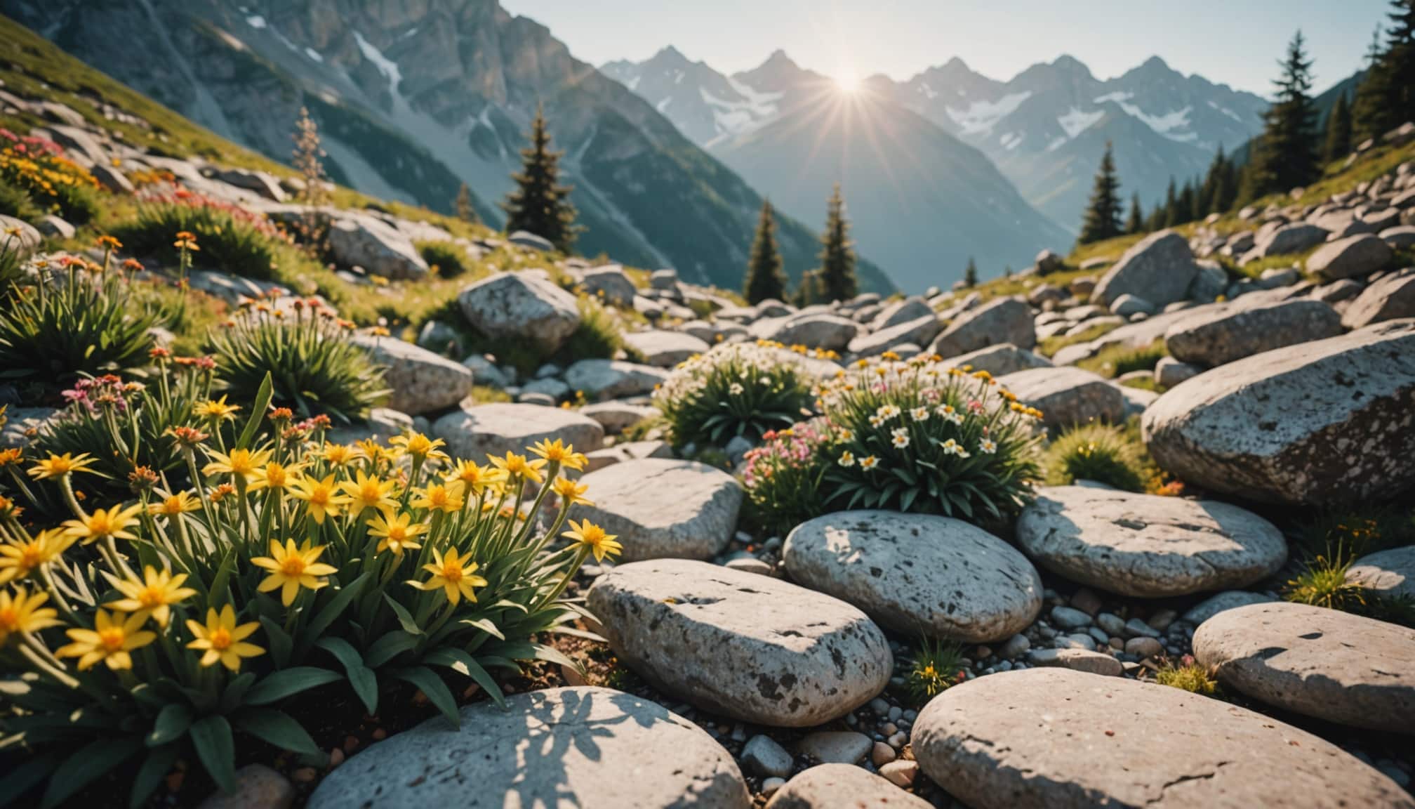 Plantes alpines harmonieusement disposées en rocaille  
Agencement naturel de végétaux dans un jardin de rocaille