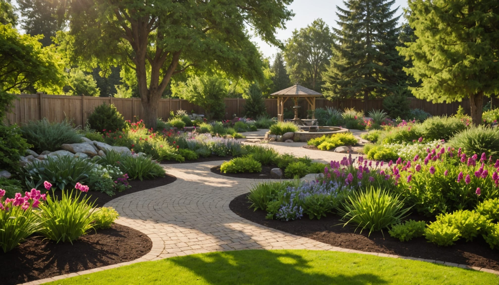 Un jardin bien agencé avec des plantes variées  
Un espace extérieur harmonieux avec des allées fleuries